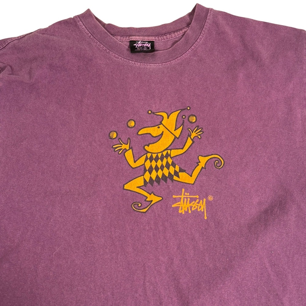 Stussy Jester Graphic T-Shirt  Y2K Purple Short Sleeve Streetwear Tee Mens M VTG